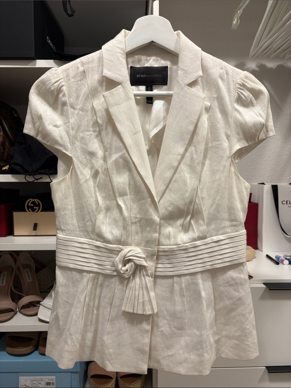 BCBGMaxAzria Ivory Short-Sleeve Knot-Waist Linen-Blend Blazer